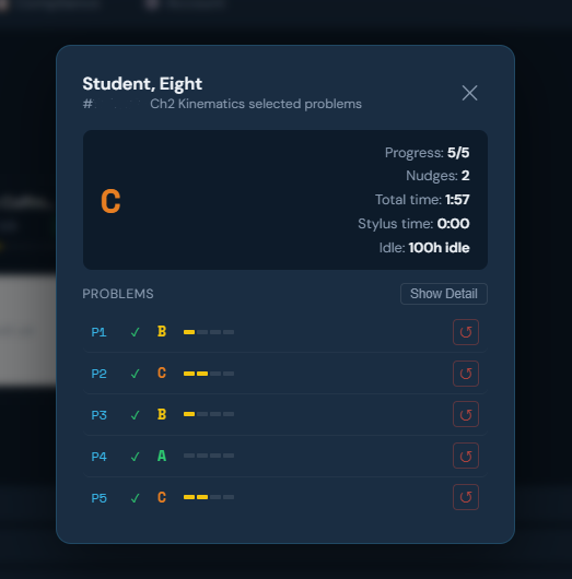 Student detail card showing all attempts and snapshot history