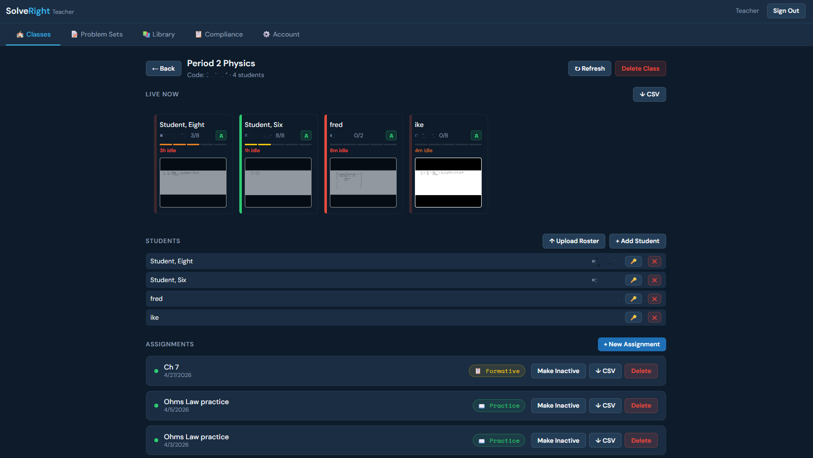 Teacher dashboard showing all students with live canvas thumbnails